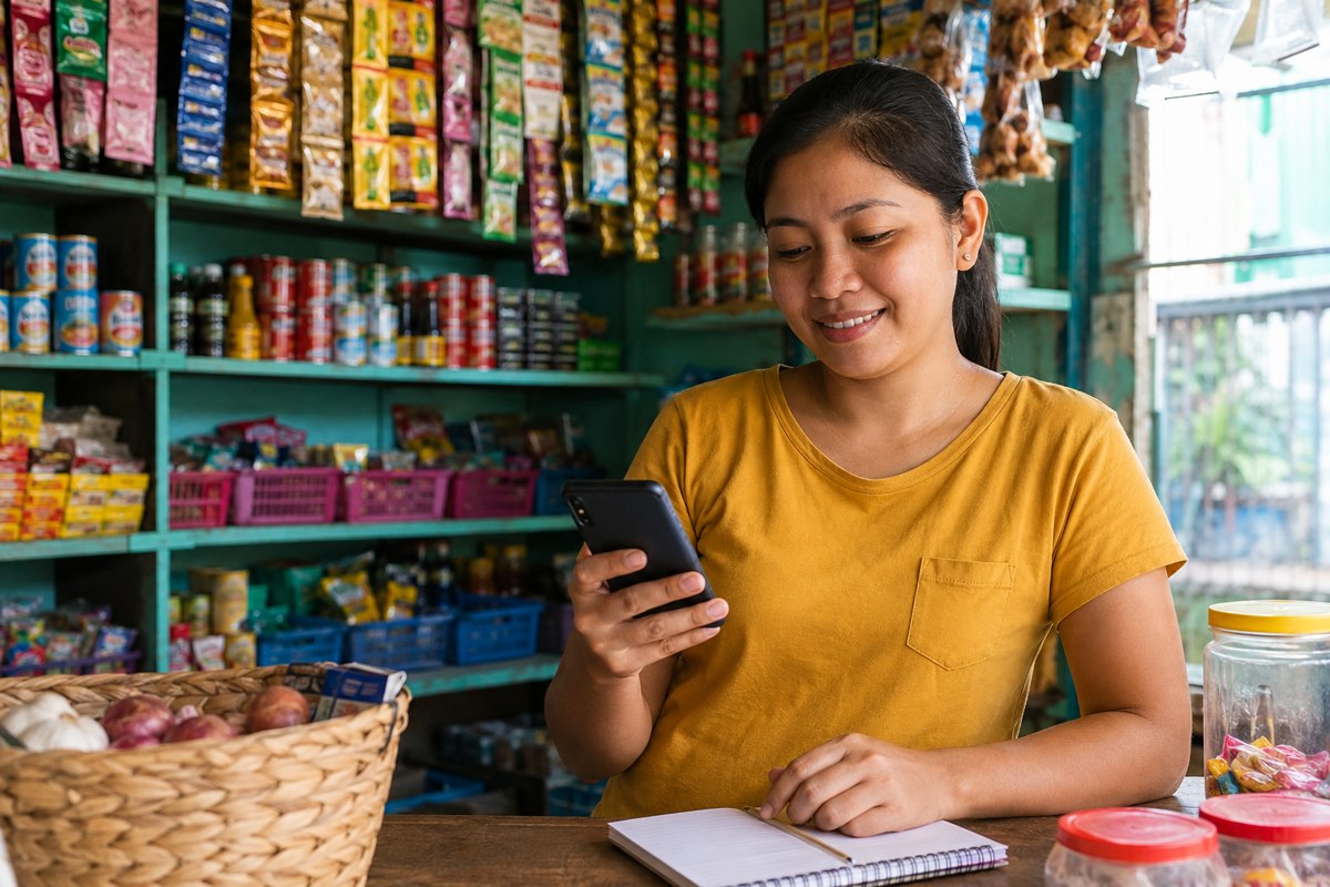 Illustrative scene of a Filipino shop owner checking a phone at her neighborhood store