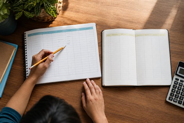 Two paper planners being compared with a pencil and calculator