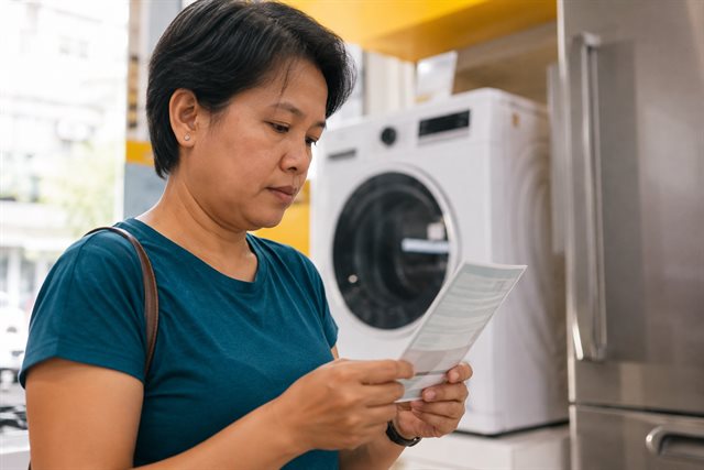 A woman reading a leaflet in an appliance showroom